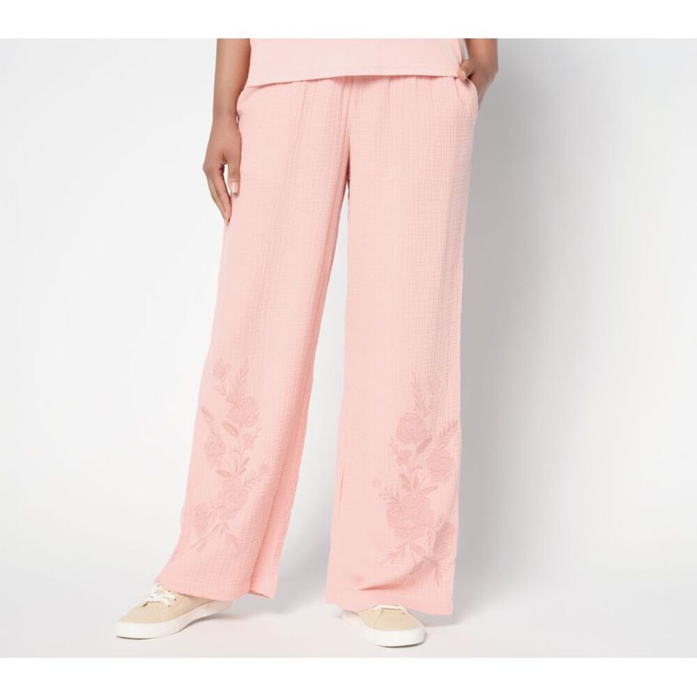Liberare Women's Petite Pants PS Boheme Cotton Gauze Embroidery Pink